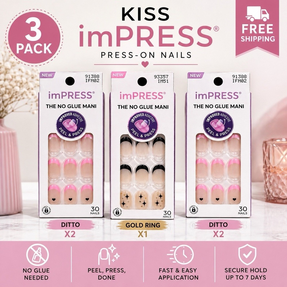 KISS imPRESS‎ Press On Nails 3 Pack Short Ditto Gold Ring No Glue Mani